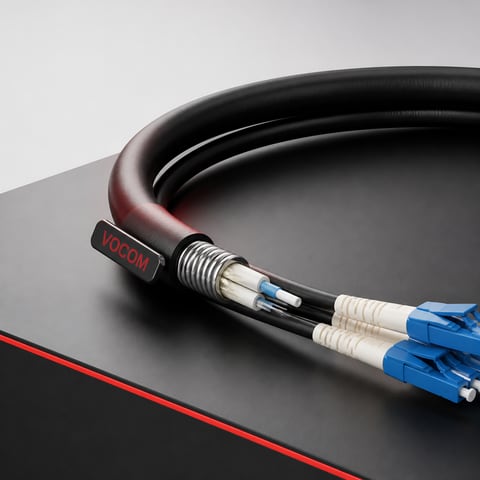 Armored fiber optic patch cord with spiral metal armor (illustrative render)