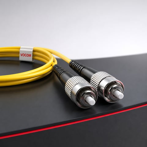 FC fiber optic patch cord with screw-type connectors (illustrative render)