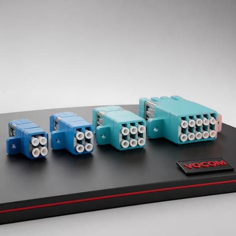 LC and SC fiber optic adapters for patch panel cassettes (illustrative render)