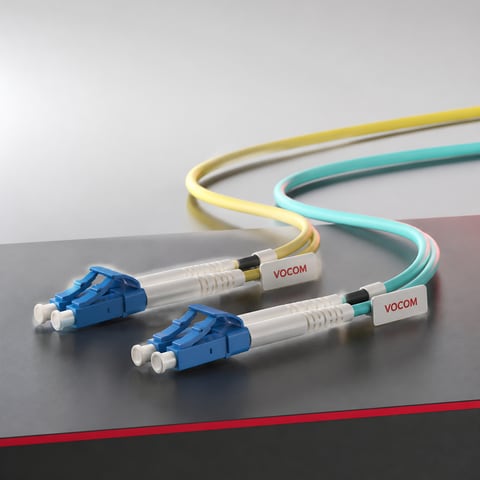 LC duplex fiber optic patch cord (illustrative render)