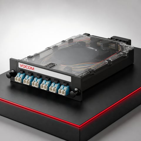 MPO to LC modular fiber cassette (illustrative render)