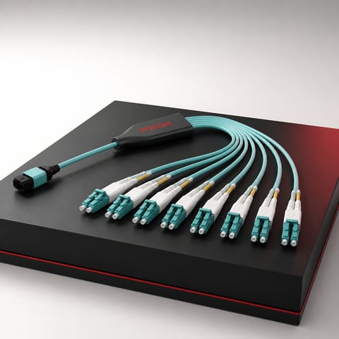 MPO to LC harness breakout fiber cable (illustrative render)