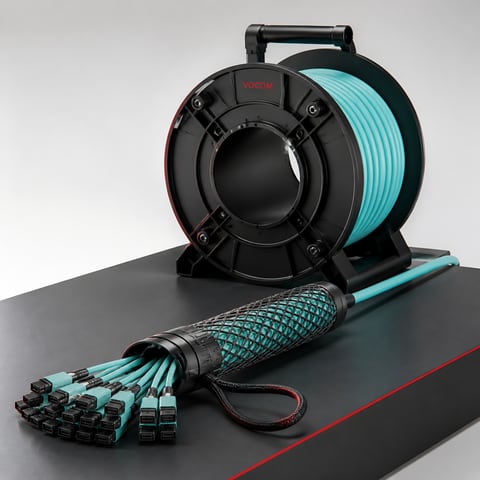 MPO/MTP trunk cable on a reel with pulling eye (illustrative render)