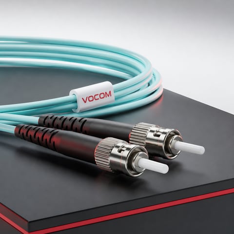 ST fiber optic patch cord with bayonet connectors (illustrative render)