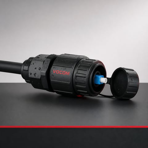 OptiTap compatible hardened outdoor fiber connector, IP68 (illustrative render)